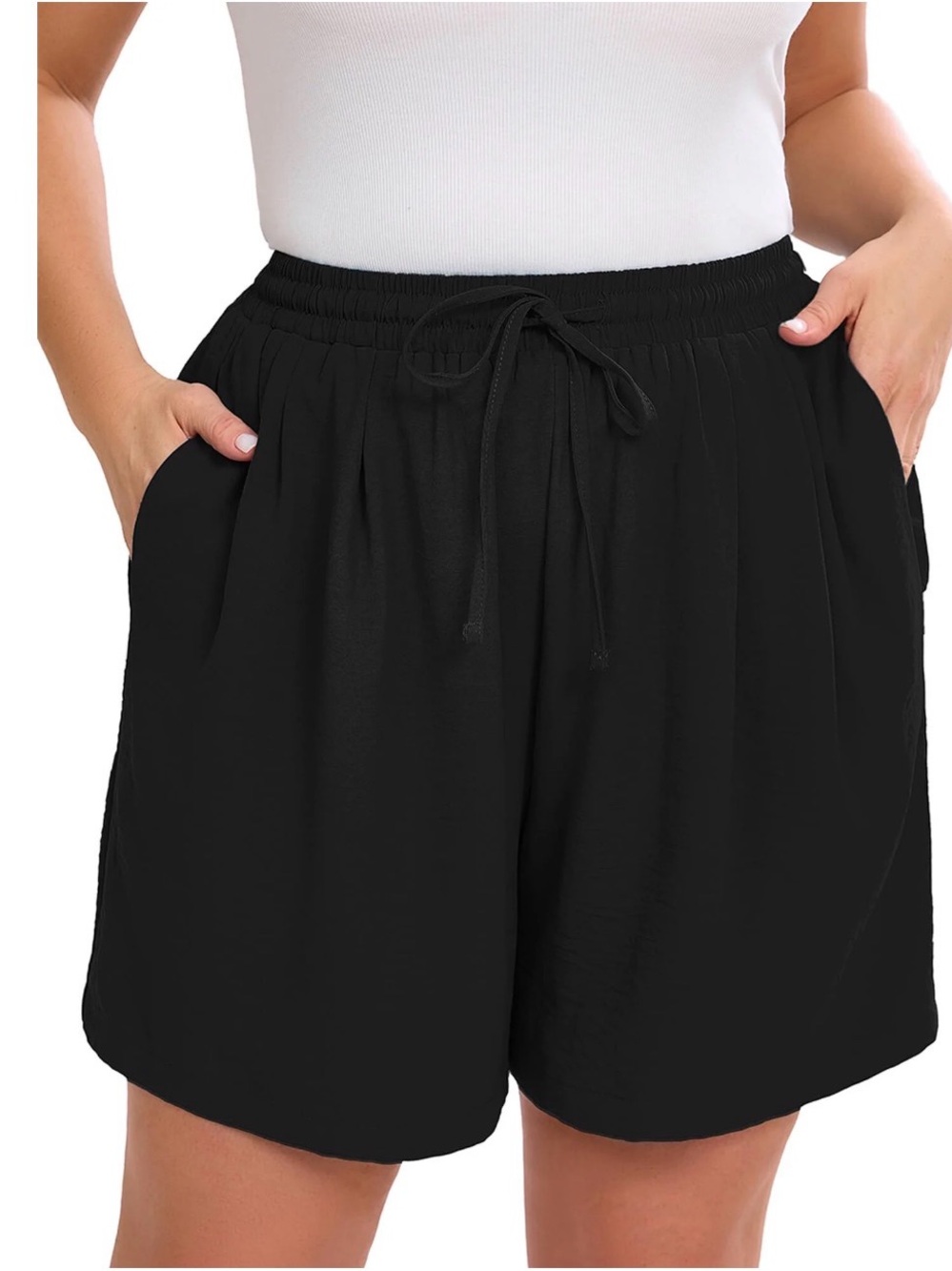 Women's Drawstring Shorts Black 1X Elastic Waist Casual Lightweight with Pockets